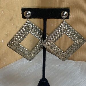 Hammered Metal Open Diamond Drop Earrings - Silver Tone